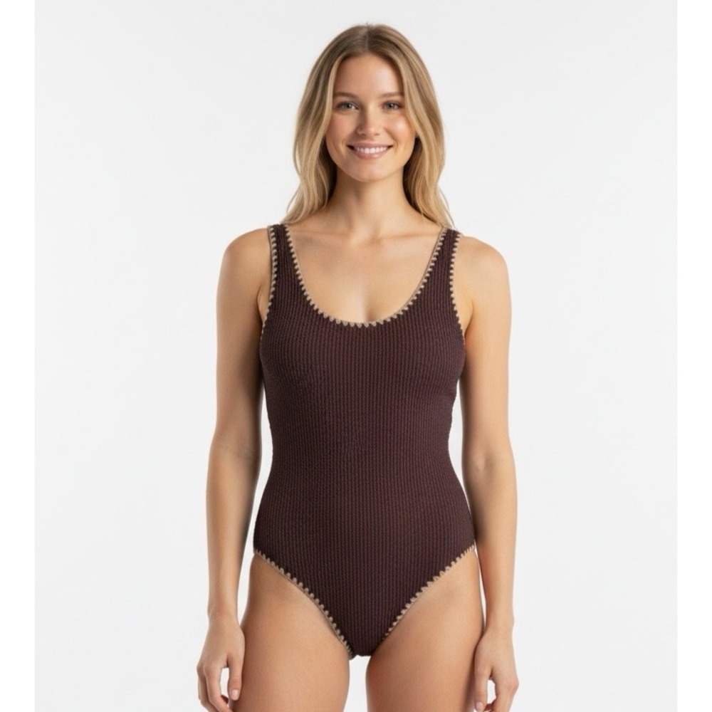 Betsey Johnson S 1-Piece Textured Brown Ribbed Crochet Edge Swimsuit NEW 1774